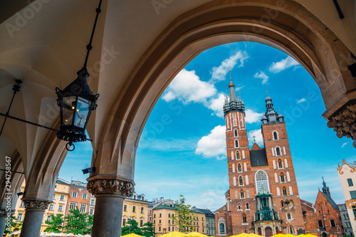 St. Mary's Basilica and Main Market Square (Rynek Glowny) in Krakow, Poland photo