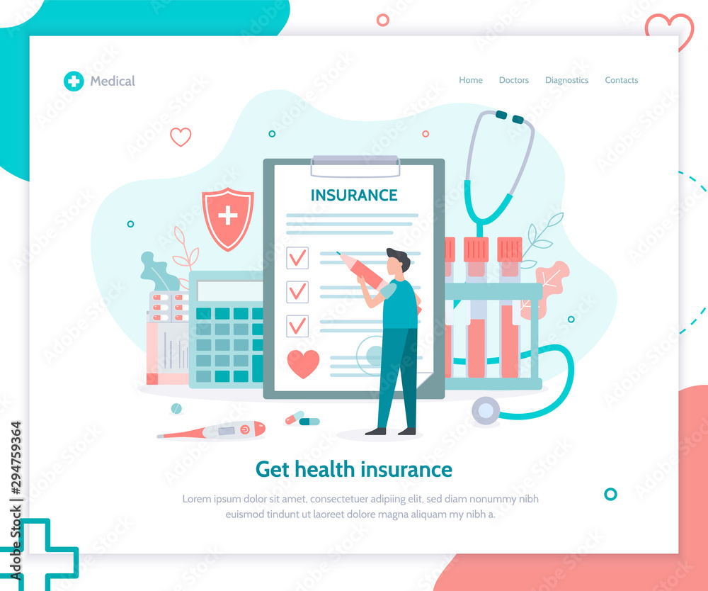 Healthcare, finance and medical service. Creative landing page design template. Health insurance concept. Flat vector illustration.