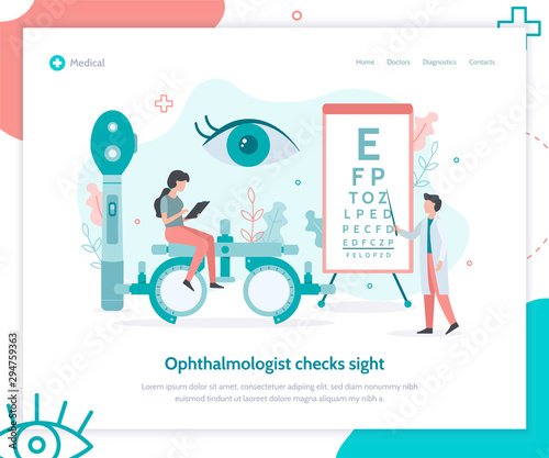 Ophthalmologist checks sight. Ophthalmology concept with tiny people. Landing page template. Flat vector illustration.