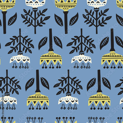 Plants in nordic style handdrawn seamless pattern. Abstract cartoon herbs on blue background. Freehand berry branches vector illustration. Textile, wallpaper, wrapping paper design idea