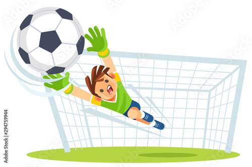 Goalkeeper catches the ball. Kids sports. Vector illustration.