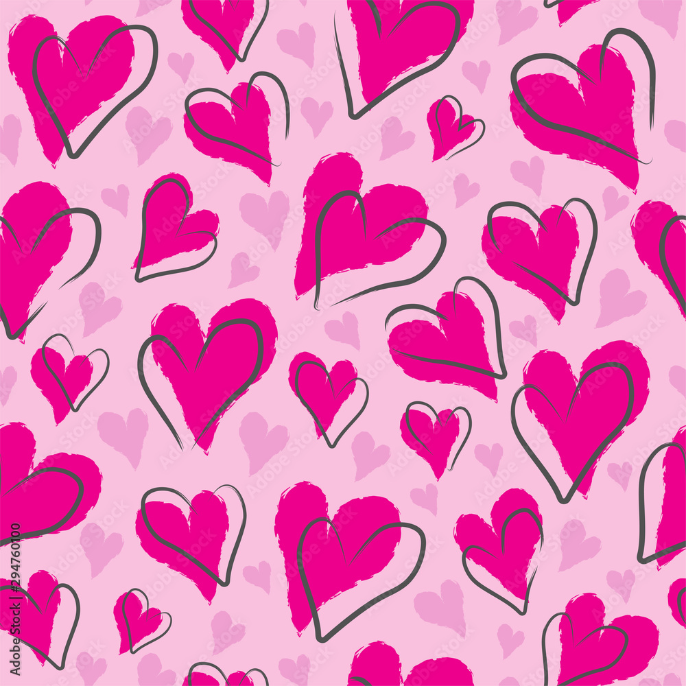 Seamless pattern of abstract pink hearts with doodles.
