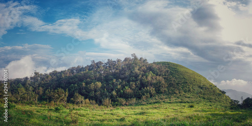 Panorama natural green mountains covered with fog and bright sky. At Doi Pha Khao  Chiangmai in Thailand