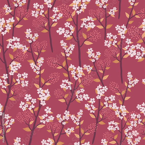 Seamless pattern of delicate flowers on branches with leaves on a maroon background