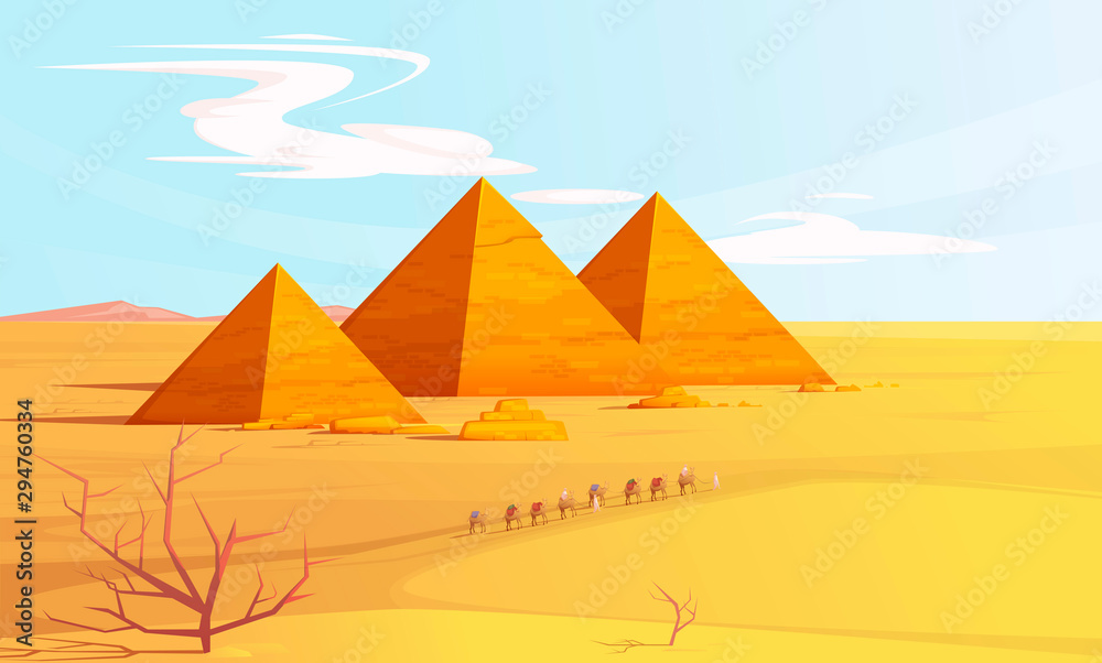 Desert landscape with egyptian pyramids and camels caravan, cartoon vector illustration. Hot golden sand dunes with pyramids on horizon and bedouins with camels. Desert banner