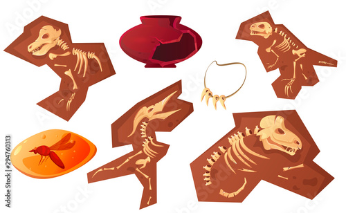 Archaeological and paleontological finds cartoon vector illustration. Ancient ceramic vase, fossil dinosaur skeleton, amber insect and tooth necklace, isolated on white