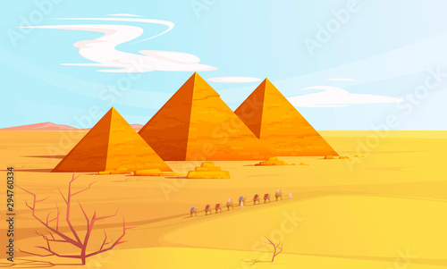Desert landscape with egyptian pyramids and camels caravan, cartoon vector illustration. Hot golden sand dunes with pyramids on horizon and bedouins with camels. Desert banner