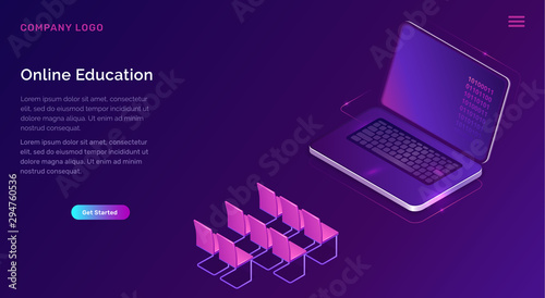 Online education or training isometric concept vector illustration. Open laptop screen and seats icons on purple banner, landing web site page for distance educational courses