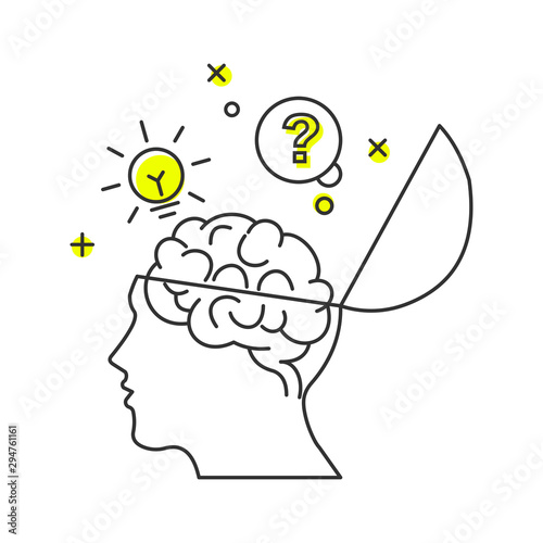 Idea, innovation and creativity concept. Open human head and brain. Outline thin line illustration. Isolated on white background. 