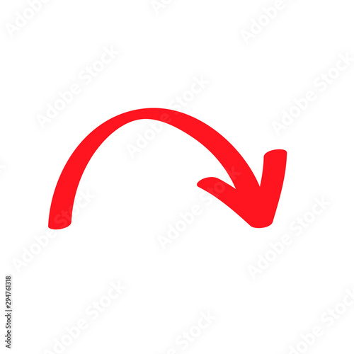 Red curved arrow sign, symbol and icon for business or website button decoration in isolated light background. Vector illustration