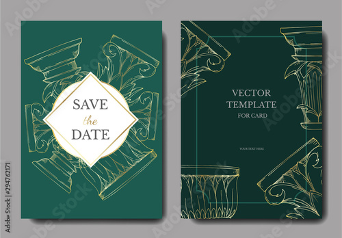 Vector Antique greek columns. Black and white engraved ink art. Wedding background card decorative border.