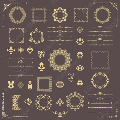 Vintage set of vector horizontal, square and round elements. Different elements for backgrounds, frames and monograms. Classic golden patterns. Set of vintage patterns