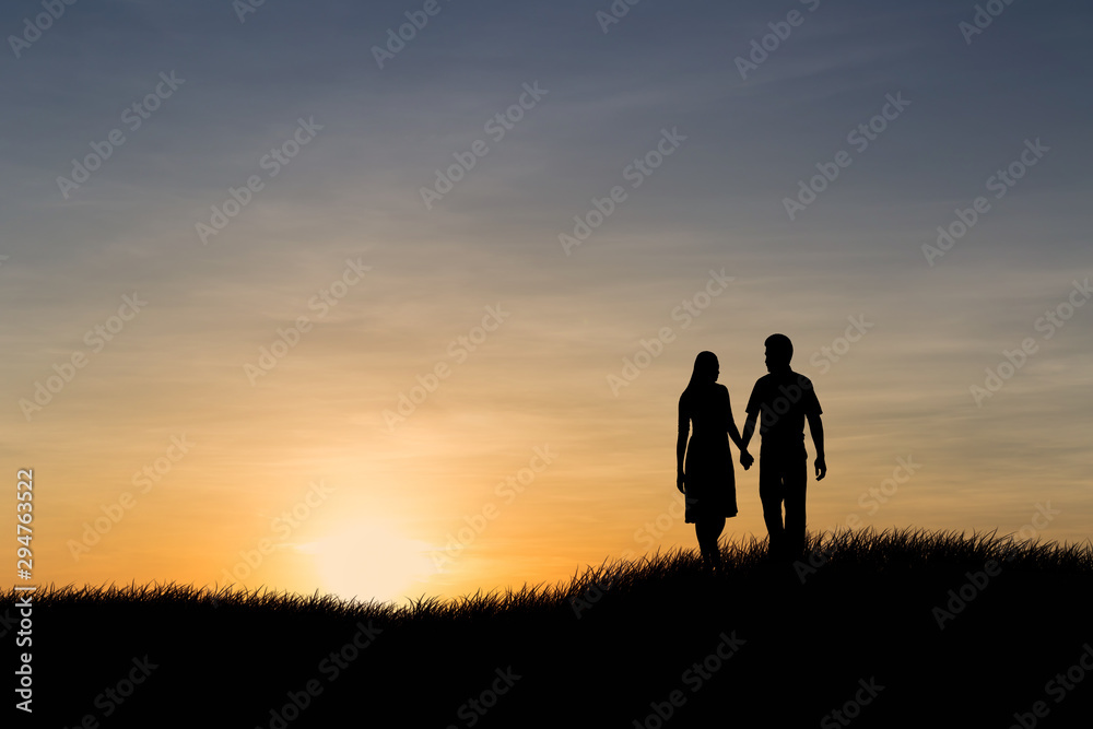 Silhouettes of couple man and woman in nature sunset background. Love concept. Silhouettes of couple man and woman in nature sunset background. Love concept.