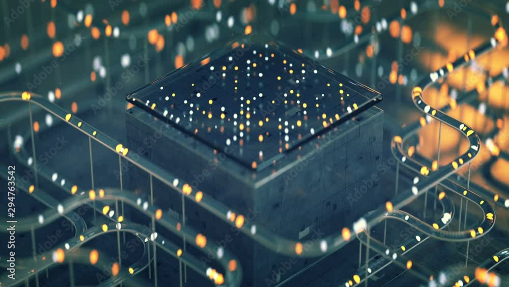 Futuristic technology abstraction with specular tubes and glowing lights. Seamless loop 3D render animation with DOF