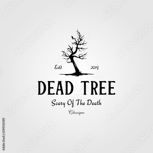 vintage dead tree logo , alone bird silhouette design illustration