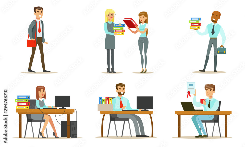 People Working in the Office Set, Male and Female Business Characters Sitting at Desks with Computers and Standing, Office Work Occupation Moments Vector Illustration