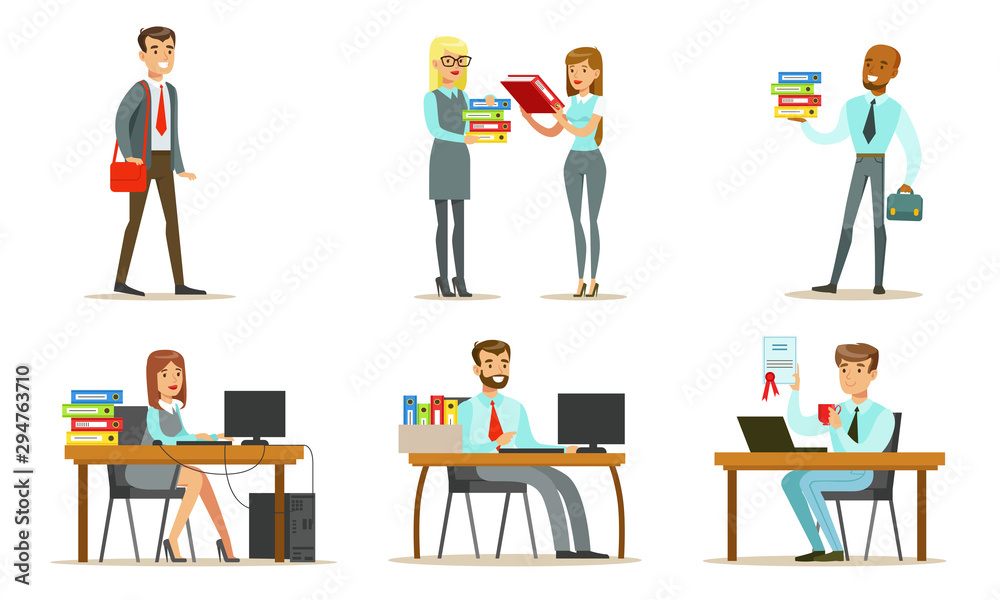 People Working in the Office Set, Male and Female Business Characters Sitting at Desks with Computers and Standing, Office Work Occupation Moments Vector Illustration People Working in the Office Set, Male and Female Business Characters Sitting at Desks with Computers and Standing, Office Work Occupation Moments Vector Illustration
