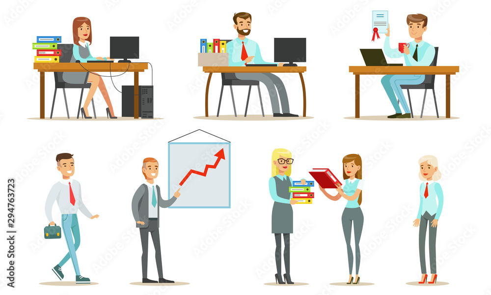 People Working in the Office Set, Male and Female Business Characters Sitting at Desks and Standing, Office Work Occupation Moments Vector Illustration