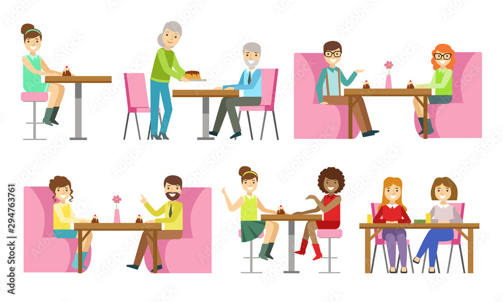 People Sitting at Tables, Eating Desserts and Talking at Bakery Shop or Confectionery Vector Illustration