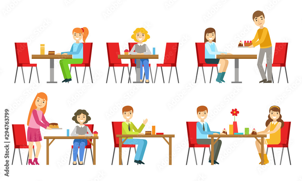 People Sitting at Tables and Eating Desserts at Bakery Shop or Confectionery Set Vector Illustration People Sitting at Tables and Eating Desserts at Bakery Shop or Confectionery Set Vector Illustration