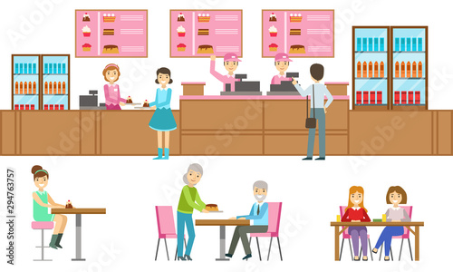 People Choosing and Buying Desserts at Confectionery, Male Seller Serving Customers at Bakery Shop or Cafe Vector Illustration