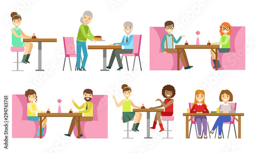 People Sitting at Tables  Eating Desserts and Talking at Bakery Shop or Confectionery Vector Illustration