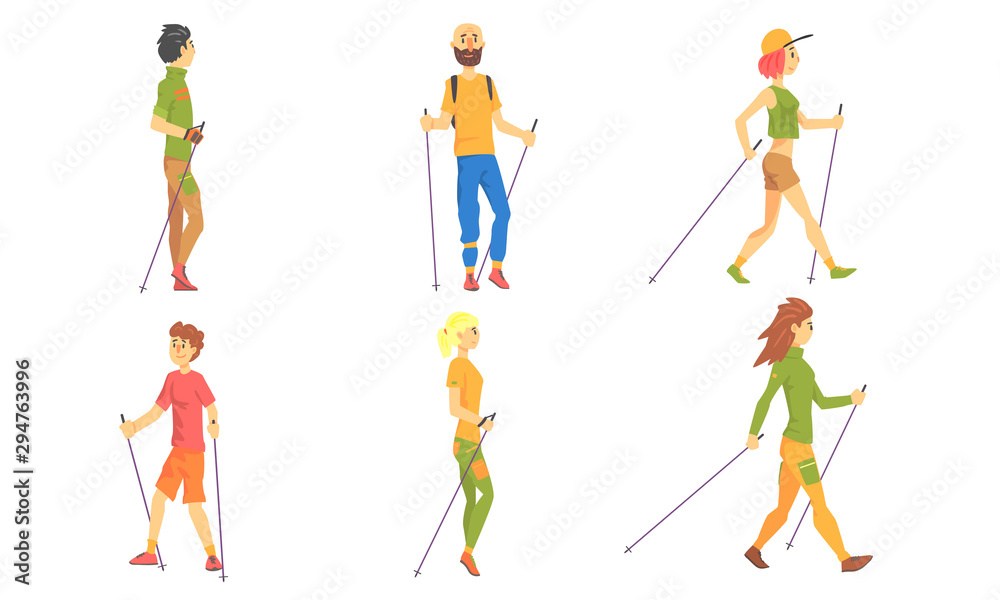 Men and Women Practicing Nordic Walking Set, Healthy Lifestyle, Sport Activities Vector Illustration Men and Women Practicing Nordic Walking Set, Healthy Lifestyle, Sport Activities Vector Illustration