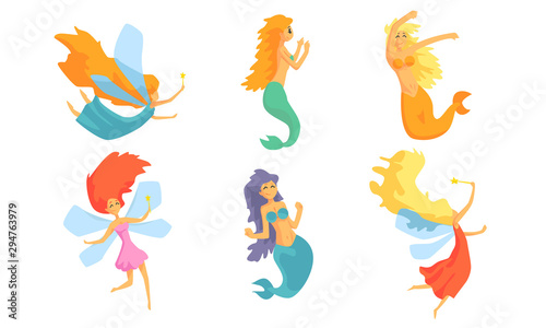 Collection of Cute Mermaids and Beautiful Fairies in Flight Vector Illustration
