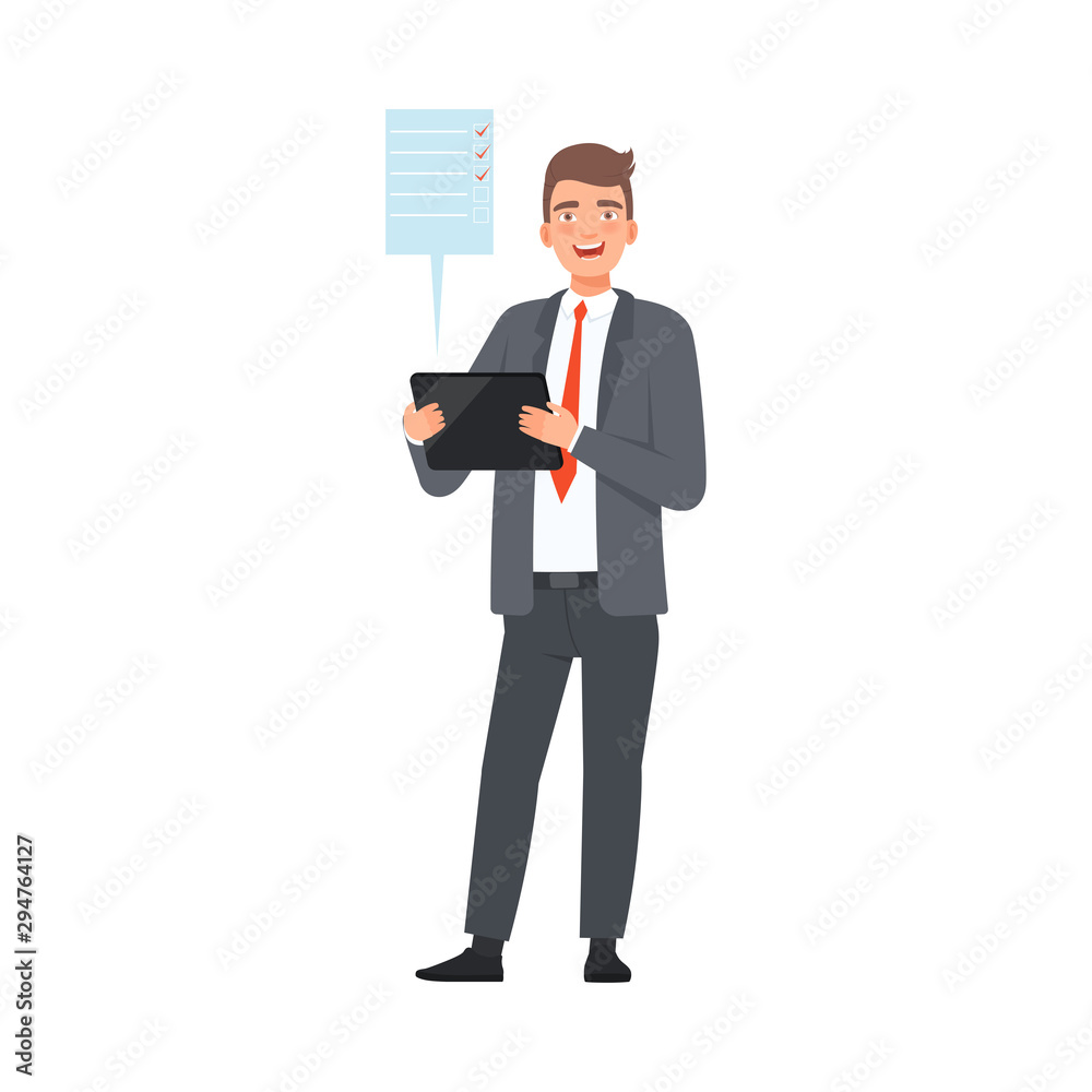 Businessman Shows Completed Goals On Tablet Illustration Vector Businessman Shows Completed Goals On Tablet Illustration Vector