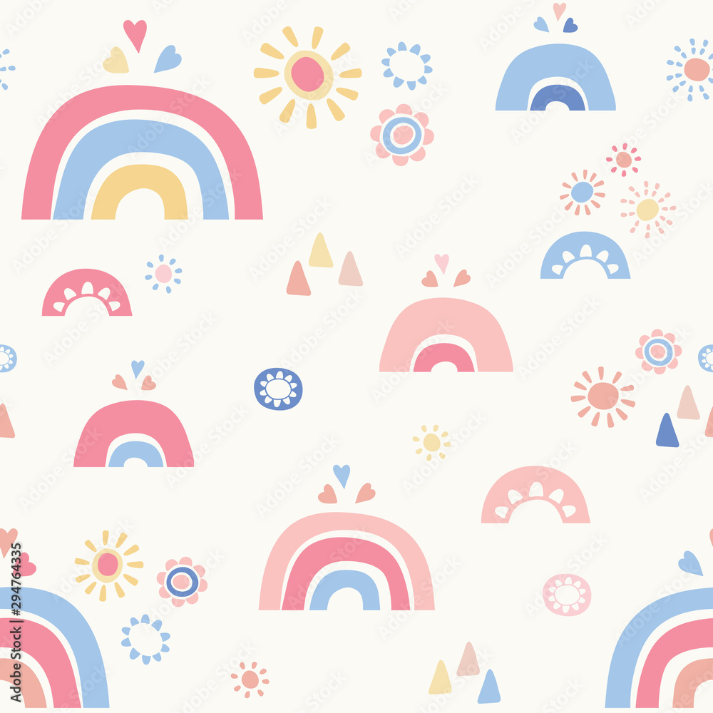 Vector seamless repeat of stylized blue and pink rainbows, hearts and flowers. Sweet hand drawn design background ideal for children. Vector seamless repeat of stylized blue and pink rainbows, hearts and flowers. Sweet hand drawn design background ideal for children.