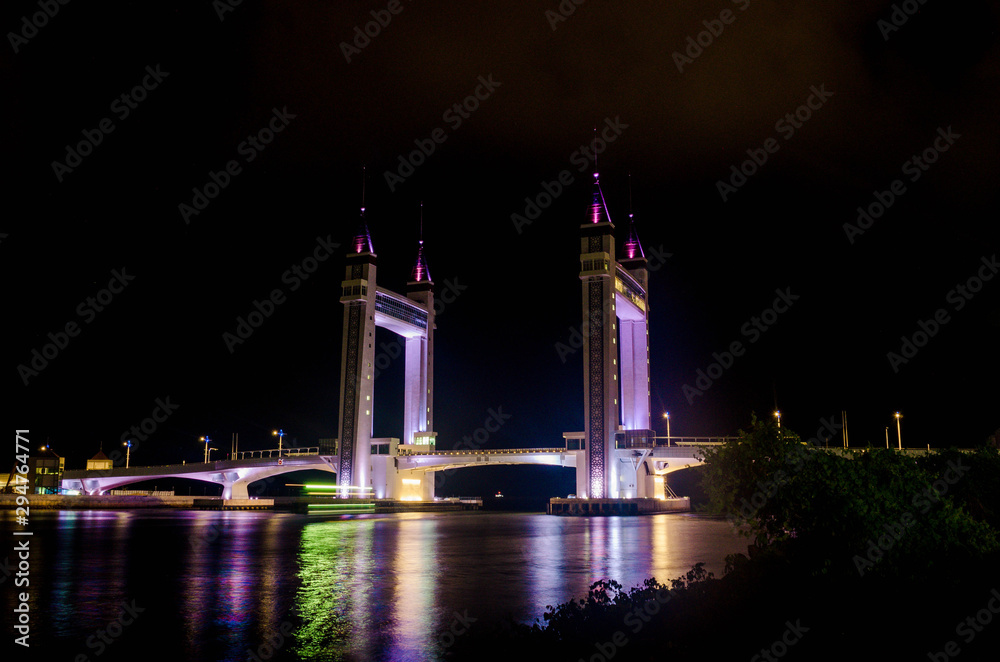 Kuala Terengganu iconic drawbridge light up at night.