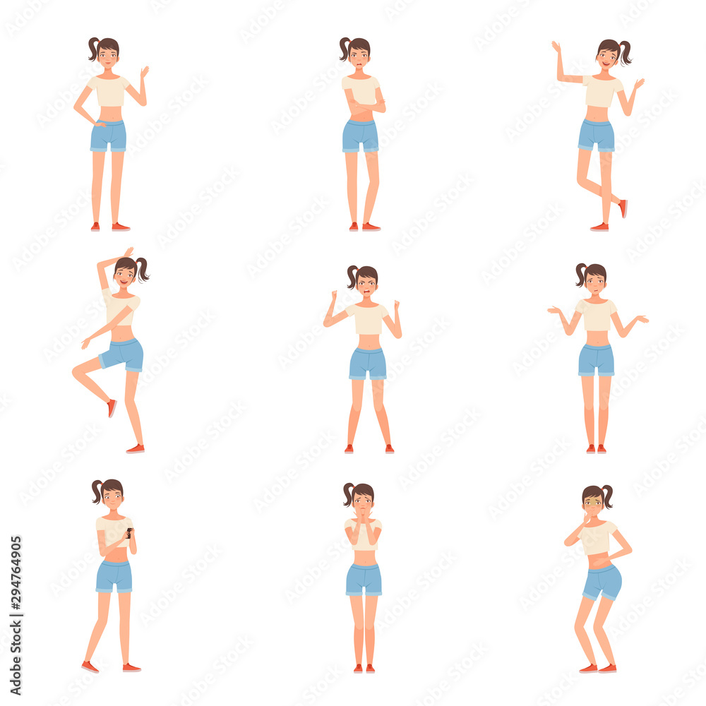 Teenager characters. Teen girl in a different situation vector illustration