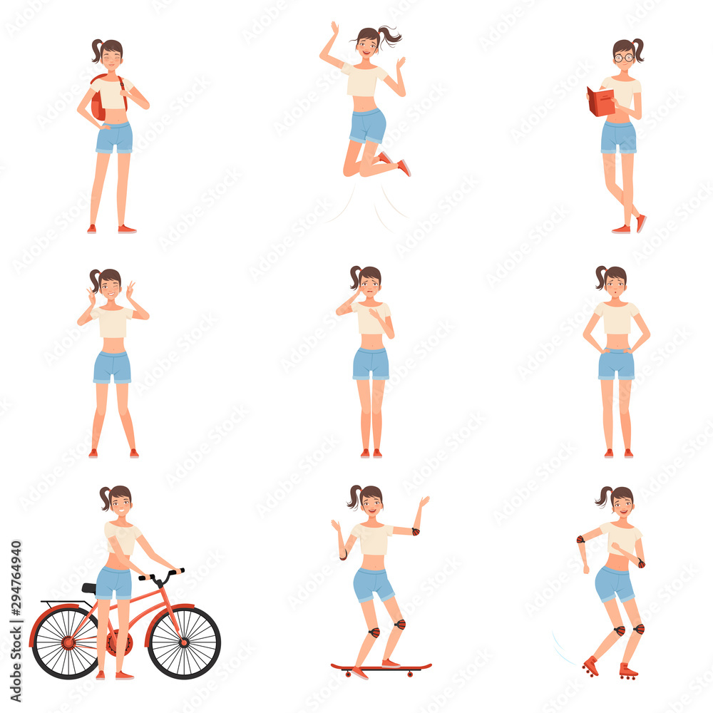 Fototapeta premium Teenager characters. Teen girl in a different situation vector illustration