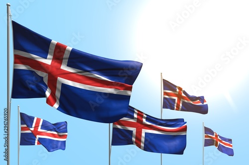 beautiful 5 flags of Iceland are waving on blue sky background - any feast flag 3d illustration..