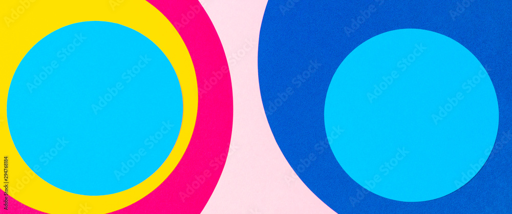 Texture background of fashion papers in memphis geometry style. Yellow, blue, pink colors. Top view, flat lay