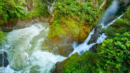 Looped panoramic view of waterfall Pailon del Diablo near city Banos de Agua Santa, Ecuador, South America