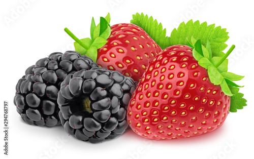 Colourful composition with garden berries - strawberry and blackberry isolated on a white background with clipping path.