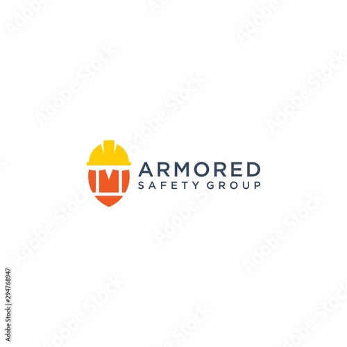 construction design logo or shield with construction vests and construction helmets © pixeqa