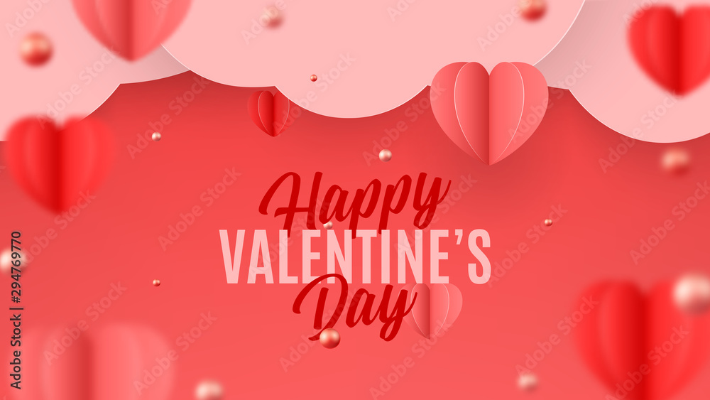 Happy Valentine's Day banner in paper art style. Holiday card with paper hearts and clouds. Festive vector illustration with pink and red balls.