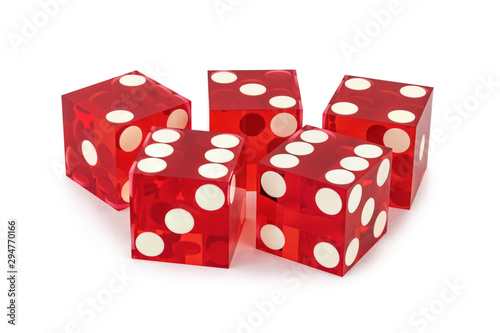 Five red classic dice close-up isolated on a white background / name of the result as a “pair” with a slight shadow