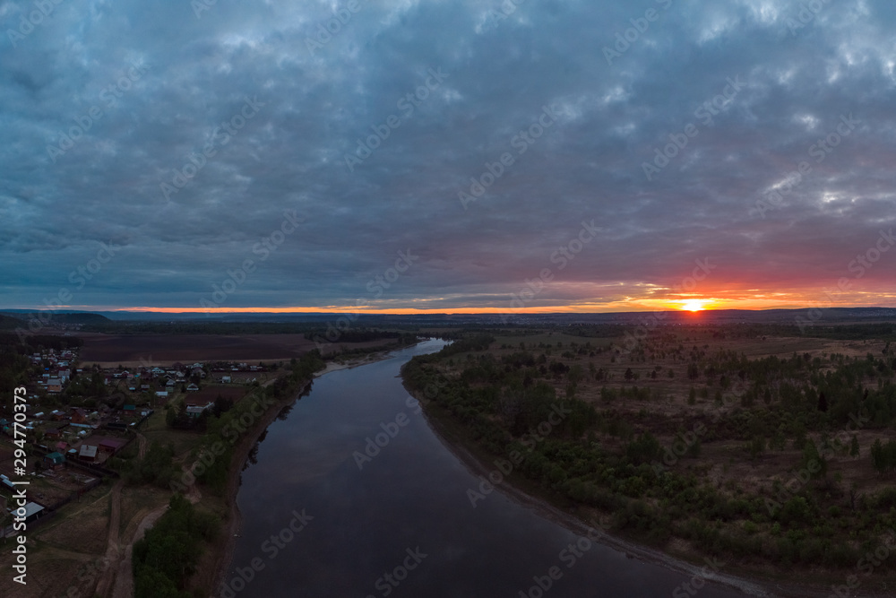 Top view of the sunset and the Irkut River