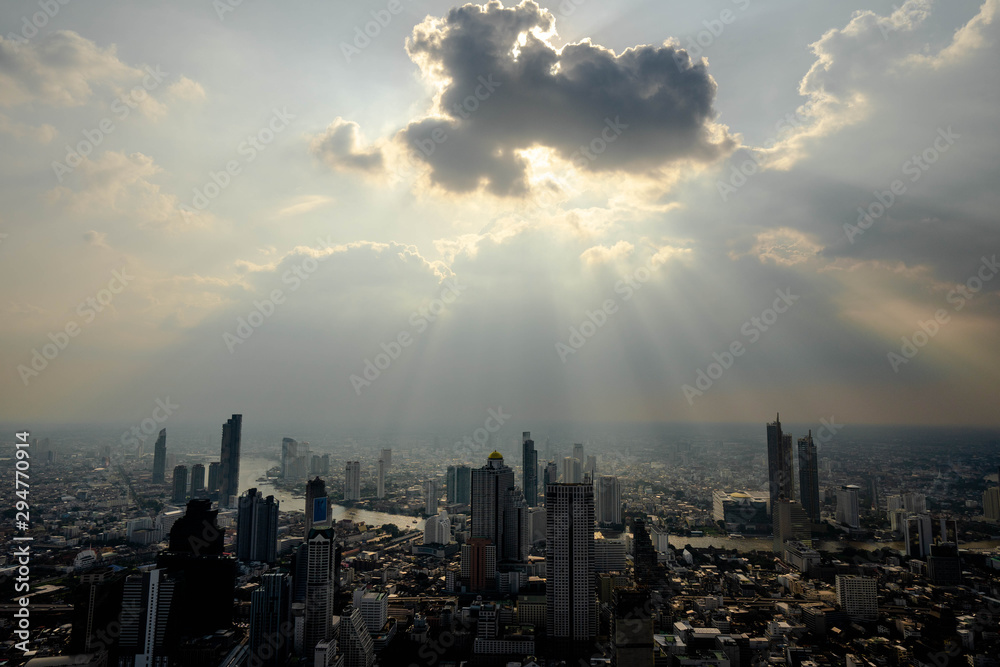 Bangkok, Thailand - September 27 2019: Panoramic view of the Bangkok city Located at the top of King Power Mahanakhon Building with The sky  nature background.