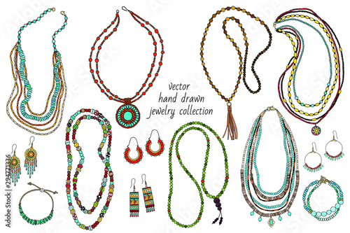 Collection of handmade jewelry: necklace, earrings, bracelets, beads. Hand-drawn. Vector