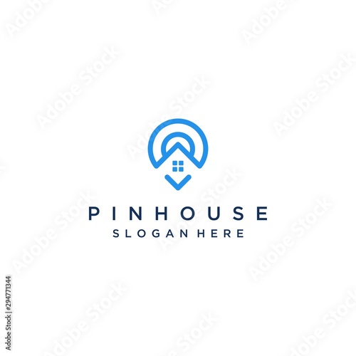 technology logo design, pin with line art house