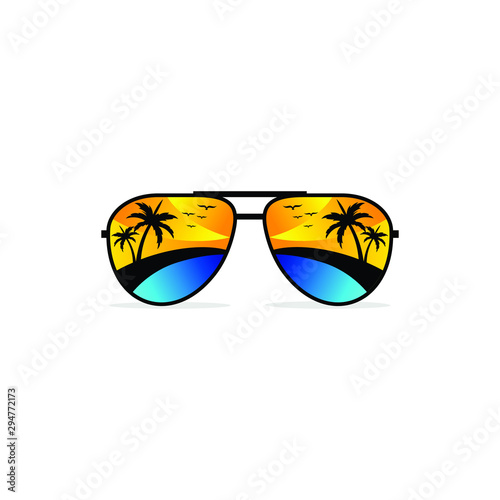 Sunglasses summer with palm beach sunrise. Vector illustration