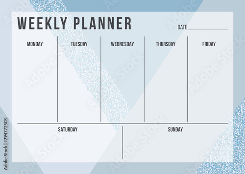 Weekly planning template with notes on geometric background in blue and glitter color. Stylish organizer design. Vector illustration