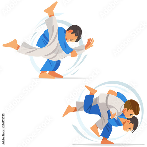 Children are doing high throws judo in judogi. Illustration with different judo