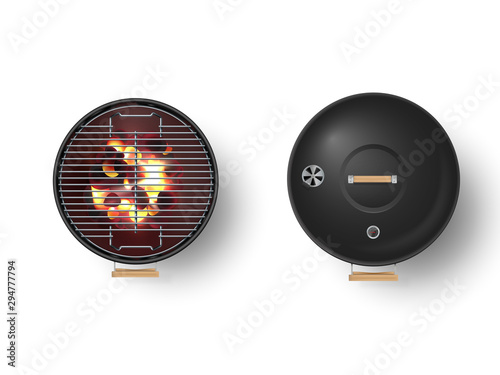 Round empty barbecue grill top view vector set. Closed grill and another one with burning coal