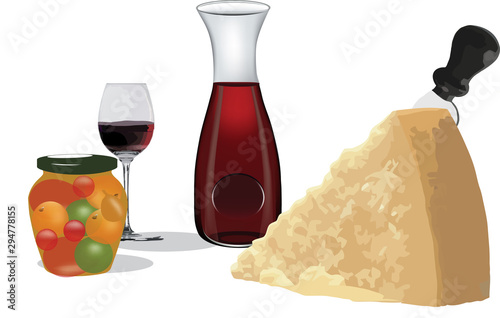 bottiglia di vino nero formaggio grana con mostarda