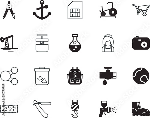 equipment vector icon set such as: send, straight, mop, shutter, college, ball, exercise, carry, compass, lab, car, bin, security, antique, travelling, winch, anchor, marine, boot, school, portable